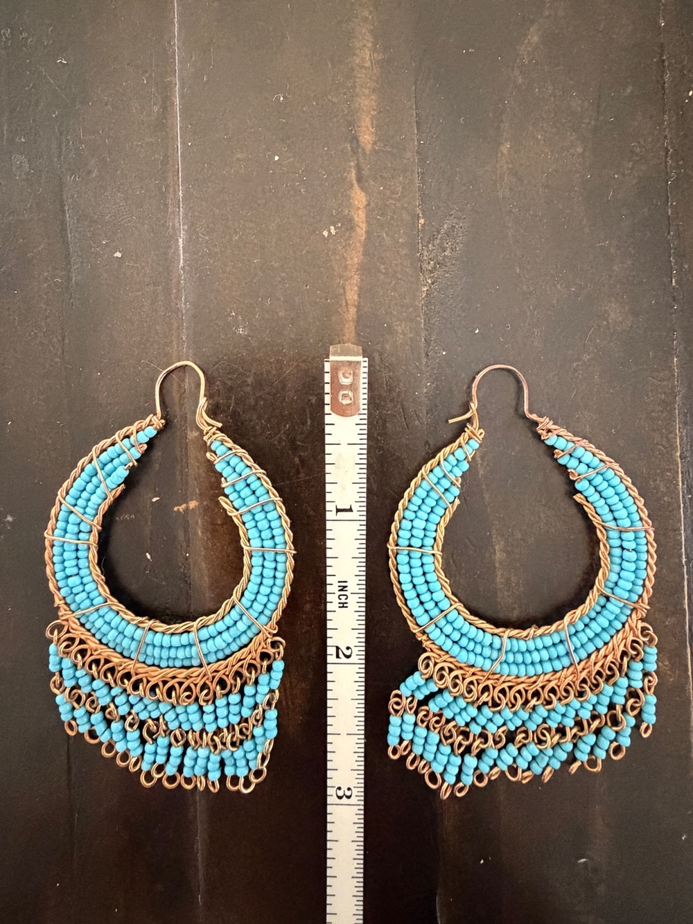 Turquoise Beaded Hoop Fringe Earrings - Women Jewelry